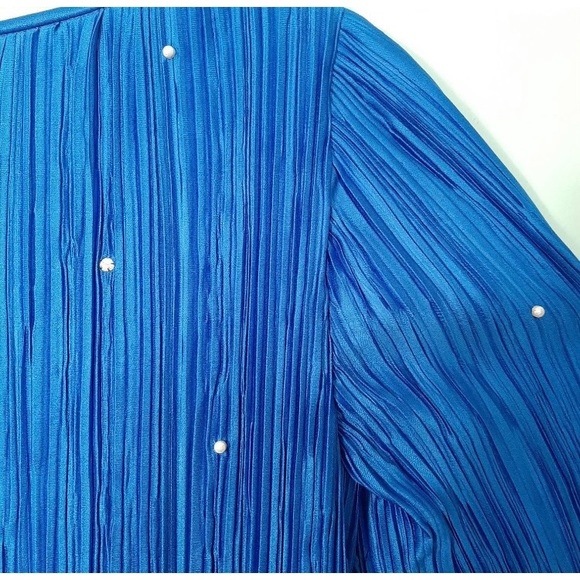 80s Drop Waist Formal Chiffon Dress Royal Blue Micro Pleat Midi Ruffle - Picture 5 of 11